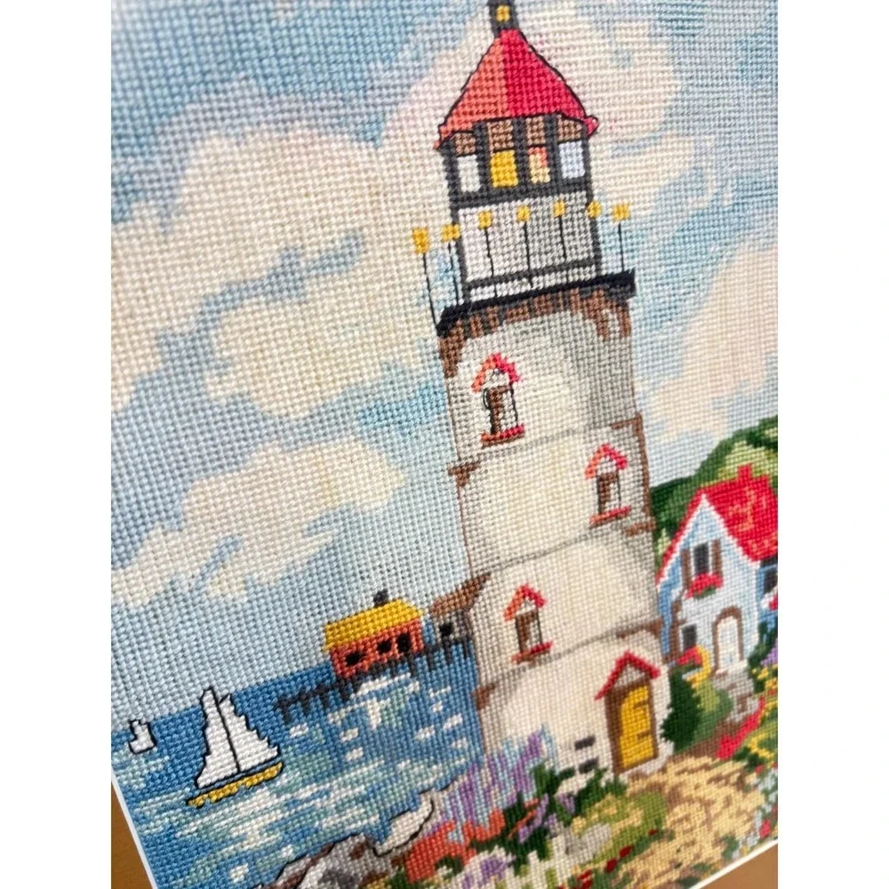 Framed Cross Stitch Handcrafted Lighthouse Seascape Art‎ Coastal Nautical Decor